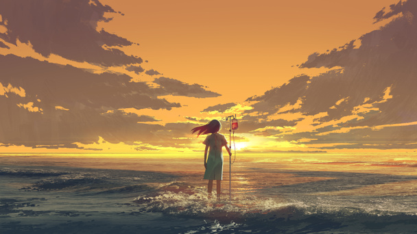 Frau, die mit einem Blutbeutel auf dem Meer steht und in den Sonnenuntergangshimmel blickt, digitale Kunst, Illustrationsmalerei - Foto, Bild