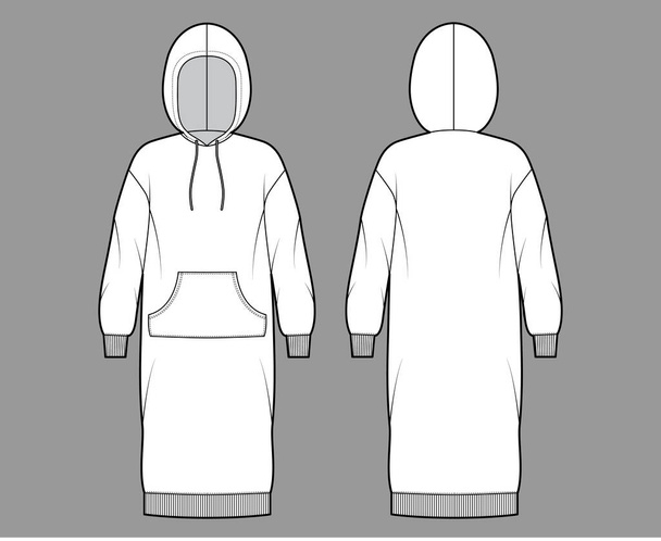 Šaty Hoody technické módní ilustrace s dlouhými rukávy, klokaní váček, žebra manžety nadrozměrné tělo, kolena délka sukně - Vektor, obrázek