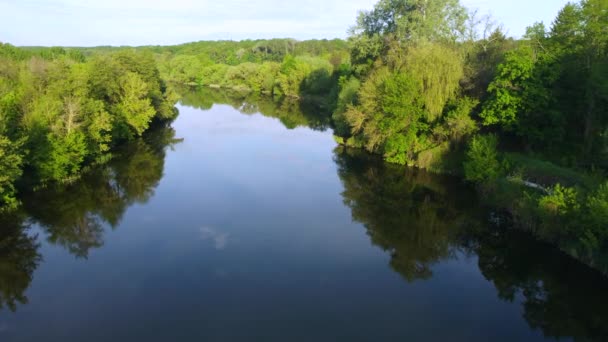 Αεροφωτογραφία drone πτήση πάνω από καθρέφτη ομαλή επιφάνεια του ποταμού και των δέντρων - Πλάνα, βίντεο