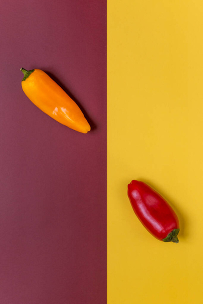 composition with two peppers and colored lines from top view - Foto, immagini