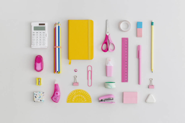 School stationery on a grey background. Top view. Flat lay. Back to school concept. - Photo, Image