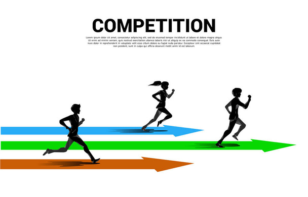 competition of silhouette of businessman and businesswoman running with arrow. business concept for competition - Vector, Image