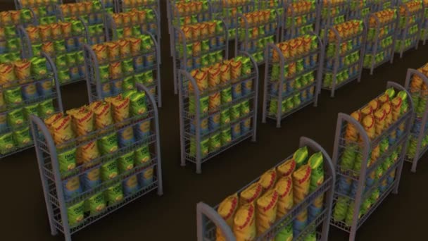 una gran cantidad de chips de rack de mercado en una fila - Metraje, vídeo