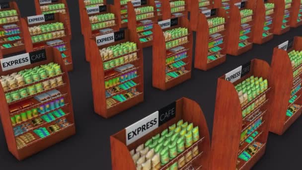 um monte de prateleira do mercado de madeira em uma fileira - Filmagem, Vídeo