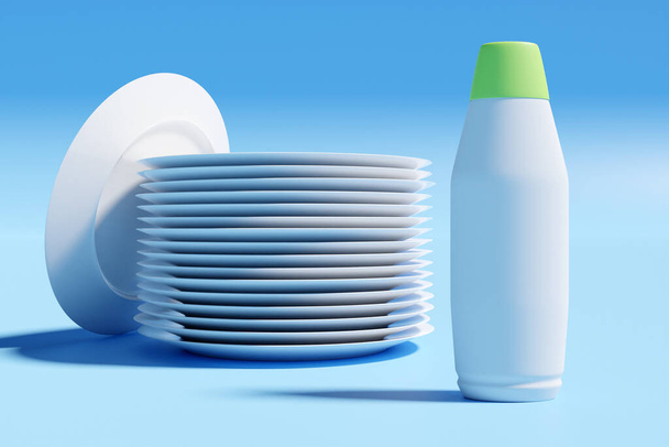 3D ilustrace stohu identických bílých talířů s lahví nádobí na světle modrém pozadí. Koncept mytí nádobí - Fotografie, Obrázek