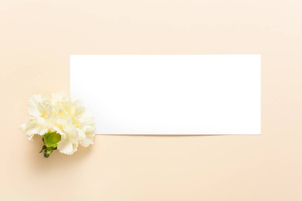 Beautiful carnation flower and blank card on color background - Fotoğraf, Görsel