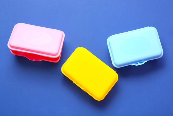 Plastic lunch boxes on color background - Photo, Image