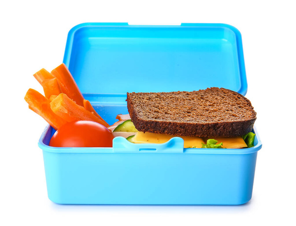 Lunch box with tasty food on white background - Photo, Image