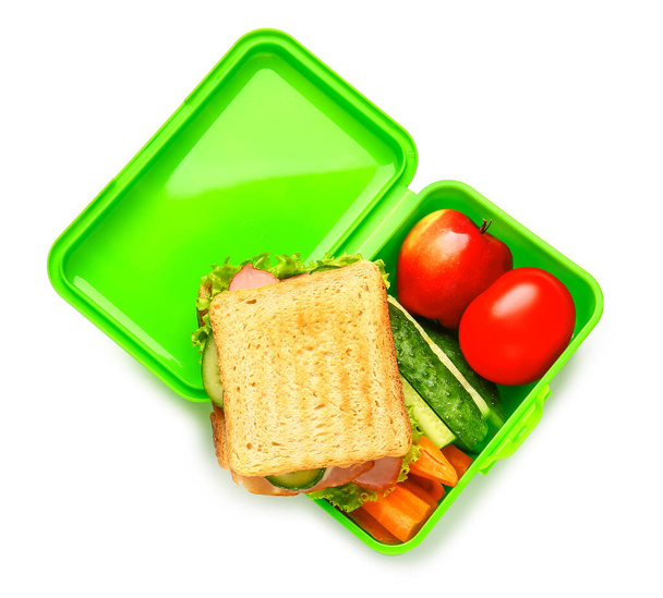 Lunch box with tasty food on white background - Photo, Image