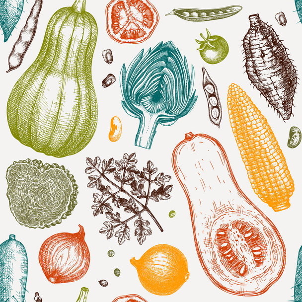 Seasonal vegetables seamless pattern. Harvest festival vector background. Hand sketched herbs, vegetables, mushrooms illustration. Healthy food ingredients backdrop - Vecteur, image
