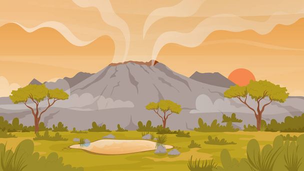 火山熱帯自然景観、山の野生風景、日没時に煙と活発な火山 - ベクター画像