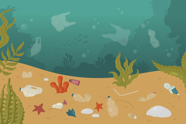 Kirlenmiş sualtı sualtı okyanusu kirli deniz manzarası, deniz kirliliği ekolojisi sorunu - Vektör, Görsel
