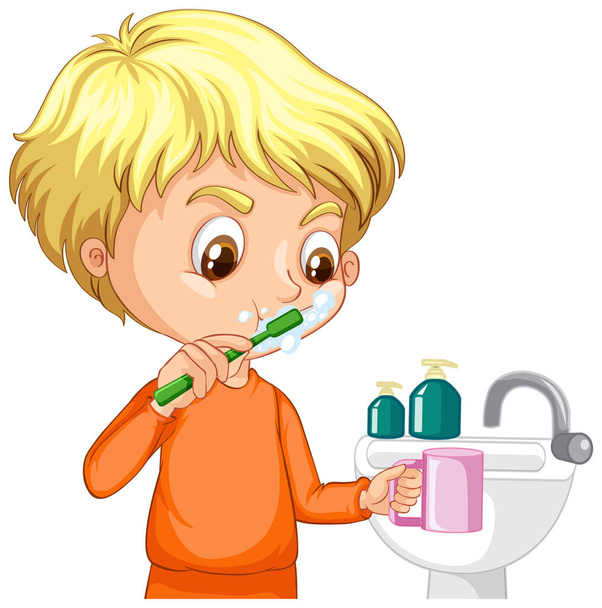 Çizgi film karakteri, su lavabosuyla dişlerini fırçalayan. - Vektör, Görsel