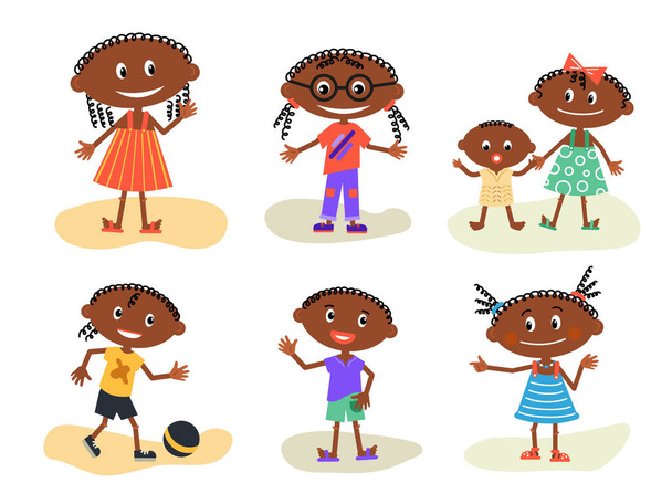 Niños negros divertidos, un conjunto de 7 figuras en el estilo de dibujos animados. Vector aislado sobre fondo blanco. - Vector, Imagen