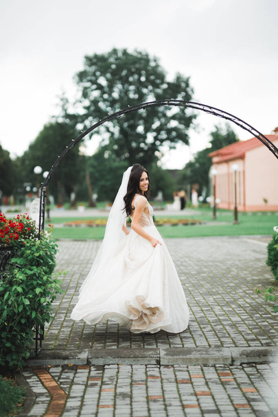 Beautiful luxury young bride in wedding dress posing in park - Фото, зображення