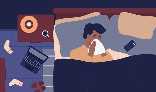 Больной человек с ринитом, простуда, сезонные заболевания, парень с гриппом - Вектор,изображение