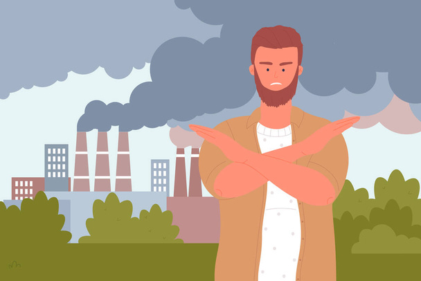 Stop air pollution, ecology problem, volunteer showing stop gesture with arms crossed - Vector, Image