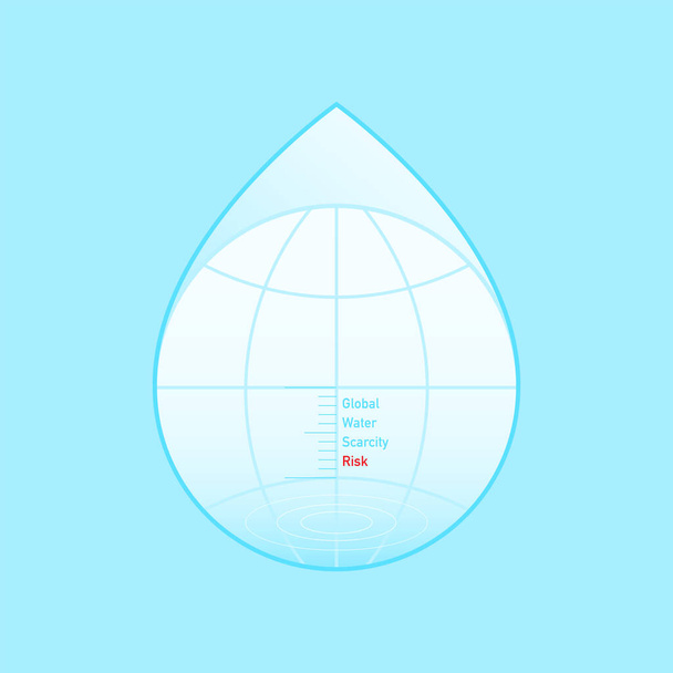 Globe μέσα στο νερό πτώση σχήμα με το επίπεδο κλίμακας μέτρησης ως ένα τέχνασμα του παγκόσμιου κινδύνου λειψυδρίας. Εικονογράφηση διάνυσμα περίγραμμα επίπεδη σχεδίαση στυλ. - Διάνυσμα, εικόνα