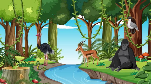 Лесная сцена с различными иллюстрациями диких животных - Вектор,изображение
