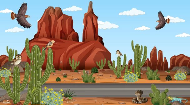 Пейзаж пустынных лесов в дневное время с изображением пустынных животных и растений - Вектор,изображение