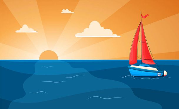 Vector illustration of a yacht at sea on a sunset background. Sailing. Yacht with scarlet sails in flat style. Sunset at sea with sailboat and seagulls. Summer vacation vector background - Vector, imagen