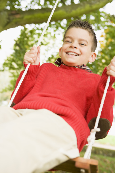Young boy having fun on garden swing - Фото, зображення