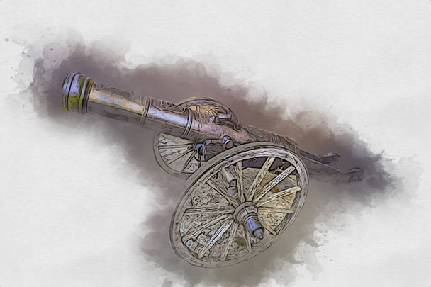 Antico cannone su ruote isolato su illustrazione - Foto, immagini