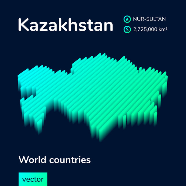 Carte Kazakhstan vecteur rayé néon isométrique stylisé avec effet 3d. Carte du Kazakhstan est en vert et des couleurs de menthe sur le fond bleu foncé - Vecteur, image