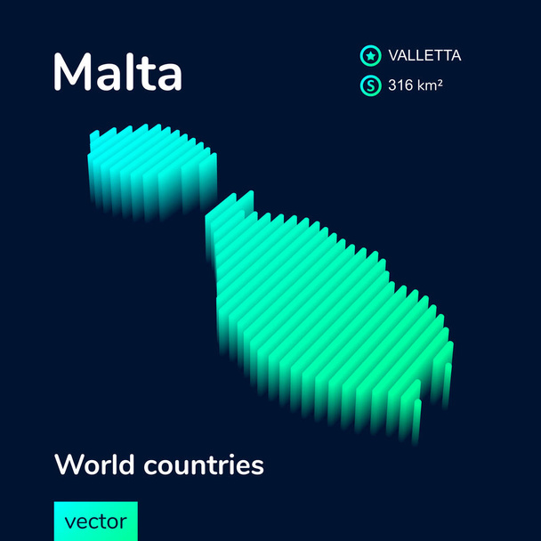 3d wektor izometryczna mapa Malty w neonowych turkusowych kolorach na ciemnoniebieskim tle. Stylizowana ikona mapy Malty. Element infograficzny - Wektor, obraz