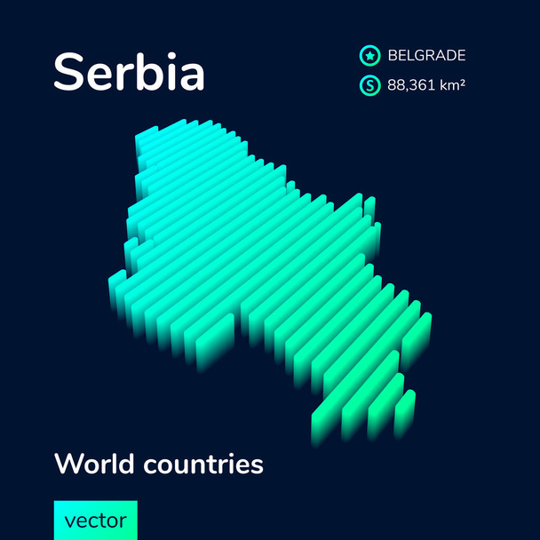 Stilizált csíkos neon izometrikus vektor térképe Szerbiának 3d effektussal. Szerbia térképe zöld és menta színekben a sötétkék háttér - Vektor, kép