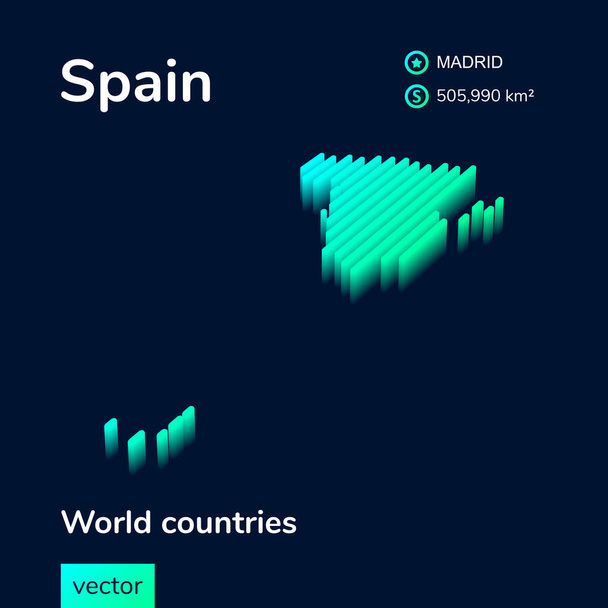 Spain map. Stylized isometric neon striped vector 3d map. Map of Spain is in green and mint colors on the dark blue background - Vector, Image