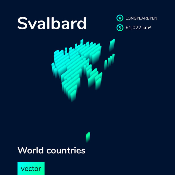 Carte isométrique vectorielle rayée stylisée néon du Svalbard avec effet 3d. Carte de Svalbard est en vert et les couleurs de la menthe sur le fond bleu foncé - Vecteur, image