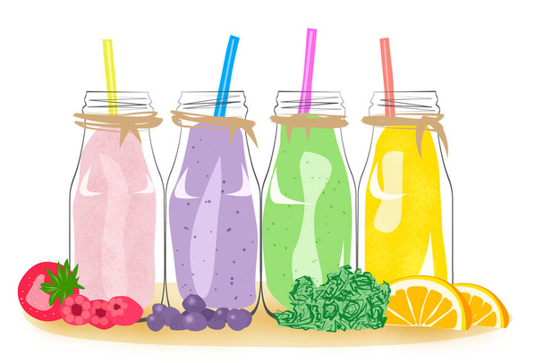 Μπουκάλια με χυμό φρούτων ή smoothie, καλοκαιρινό ποτό, υγιεινή διατροφή, δροσιστικό, χορτοφαγικό γεύμα, απομονωμένη απεικόνιση σε λευκό φόντο - Φωτογραφία, εικόνα