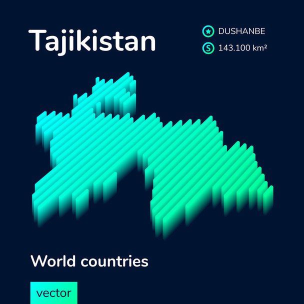 Carte du Tadjikistan vecteur rayé isométrique numérique simple néon stylisé, avec effet 3d. Carte du Tadjikistan est en vert, turquoise et les couleurs de la menthe sur le fond bleu foncé - Vecteur, image