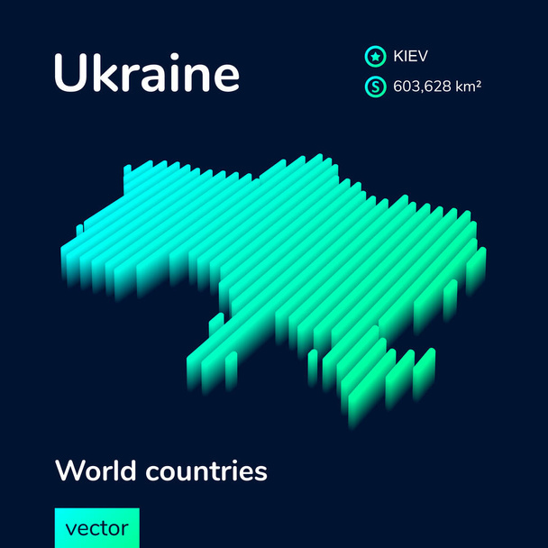 Estilizado mapa isométrico de neón vectorial rayado de Ucrania con efecto 3d. Mapa de Ucrania está en color verde y menta sobre el fondo azul oscuro - Vector, Imagen
