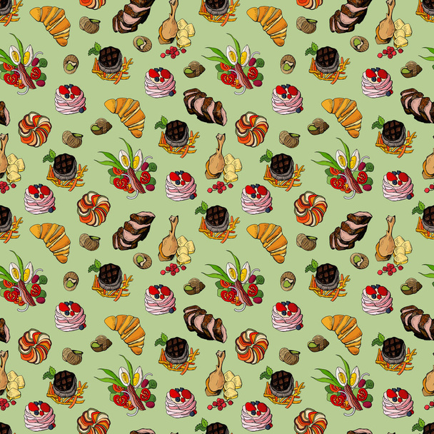 Seamless pattern with French cuisine dishes. Design for cafes, fabrics, textiles, wallpapers, packaging. - Vector, Image