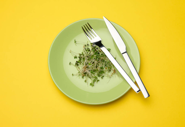 green sprouts of chia, arugula and mustard in a green round plate, top view. A healthy food supplement containing vitamins C, E and K, top view - Fotó, kép