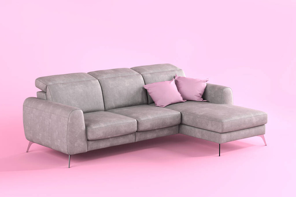 Modernes textilgraues Sofa auf Metallbeinen mit rosa Kissen auf rosa Hintergrund flach liegend Seitenansicht. Möbel, einzelnes Interieur-Objekt. Stylische trendige Couch. - Foto, Bild