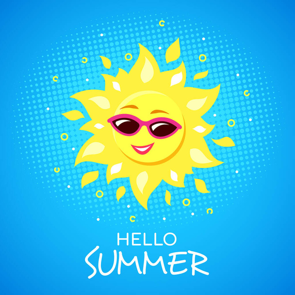 Hello Summer Concept Banner With Funky Smiling Sun Character Wearing Sunglasses. Vektorová ilustrace plochého stylu na modrém pozadí. - Vektor, obrázek