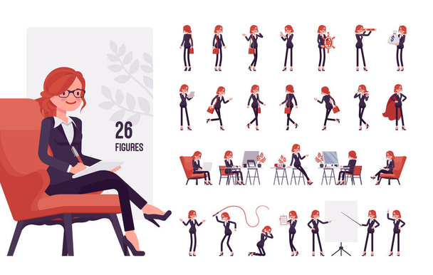 Üzletasszony, fiatal vörös hajú irodai dolgozó karakter készlet, pózol szekvenciák - Vektor, kép
