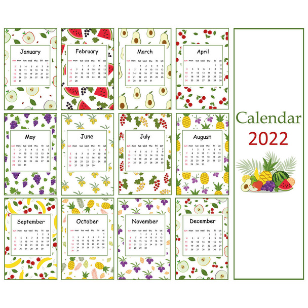 Fruchtsommerkalender für 2022 aus Fruchtmustern für Veganer, Farbvektorillustration - Vektor, Bild