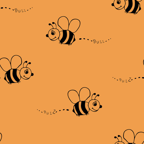 黄色の背景にミツバチとシームレスなベクトルパターン。シンプルな手描きのバンブルビー壁紙デザイン。装飾的な夏のファッション繊維. - ベクター画像