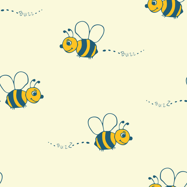 Απρόσκοπτη διανυσματικό μοτίβο με ζωγραφισμένες στο χέρι μέλισσες σε κίτρινο φόντο. Απλή χαρούμενη bumblebee ταπετσαρία σχέδιο για τα παιδιά. Διακοσμητικό καλοκαιρινό ύφασμα μόδας. - Διάνυσμα, εικόνα