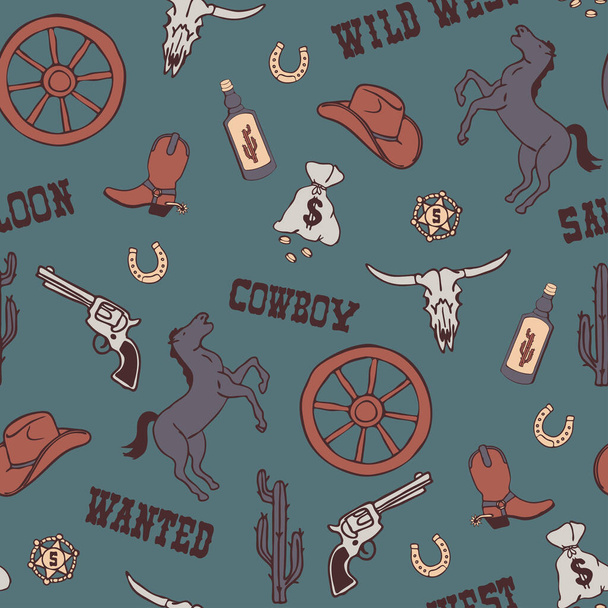 Seamless vector pattern with wild west cowboy on teal blue background. Simple hand drawn western wallpaper design. Decorative Texas fashion textile. - Vector, Image