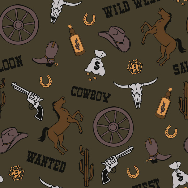 Seamless vector pattern with wild west cowboy on dark green background. Simple western cartoon wallpaper design. Decorative vintage fashion textile. - Vector, Image