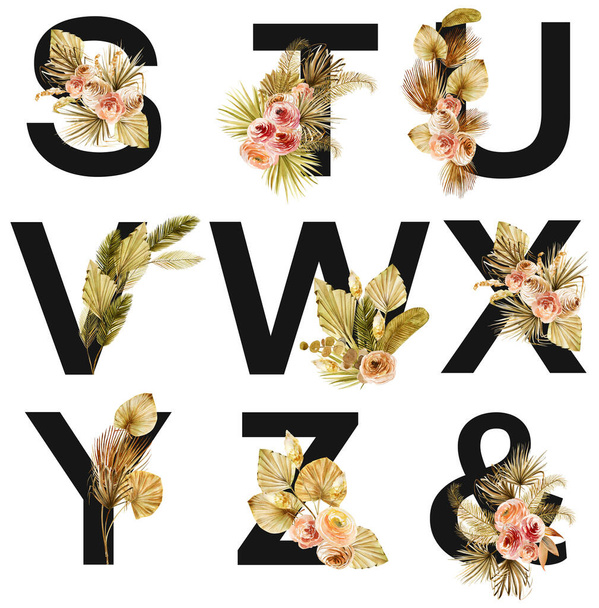 Set of floral letters S-Z, & with watercolor boho bouquets of dried palm leaves and roses, isolated illustration on white background, for wedding monogram, greeting cards, logo - Photo, Image