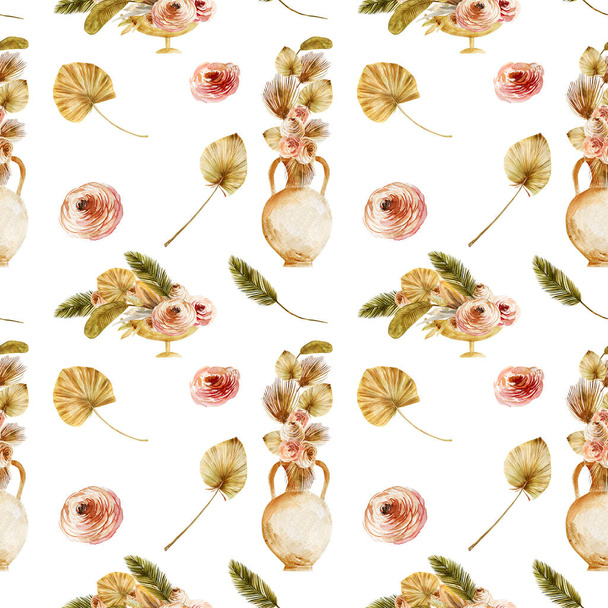 Nahtloses Muster aus antiken Vasen und Krügen mit getrockneten Fächerpalmblättern, Boho-Blumensträußen, Blumen und Blättern auf weißem Hintergrund - Foto, Bild