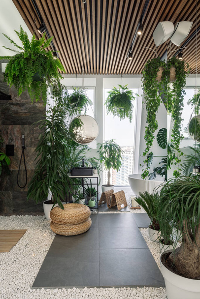 Concept of urban jungle interior. Vertical shot of cozy fully furnished bathroom decorated with green plants and natural organic design elements, white bathtub near panoramic window on pebble floor - Φωτογραφία, εικόνα