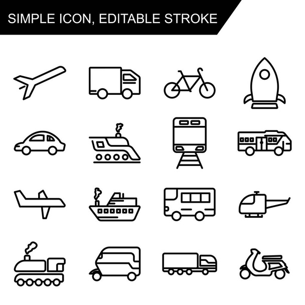 Közlekedési ikon beállítva. körvonalazott stílus ikon. egyszerű illusztráció. Szerkeszthető agyvérzés. Tervezési sablon vektor - Vektor, kép