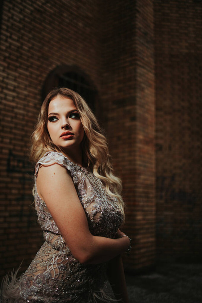 A young glamour woman with blonde hair and makeup posing near the brick building - Foto, immagini